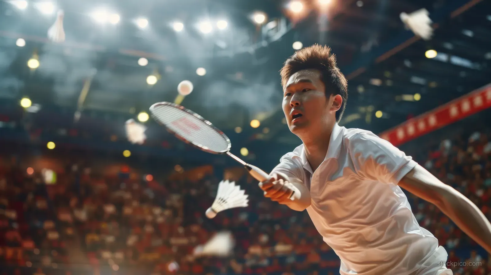 A Chinese male badminton player lunges forward in a singles match, with the shuttlecock flying and a lively crowd in the background.