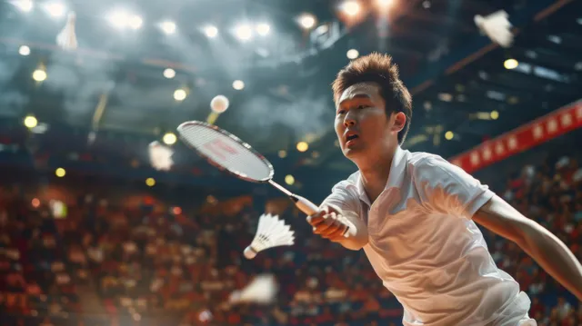 A Chinese male badminton player lunges forward in a singles match, with the shuttlecock flying and a lively crowd in the background.