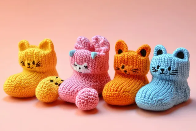 Four pairs of knitted animal baby booties in yellow, pink, orange, and light blue are displayed on a pastel background.