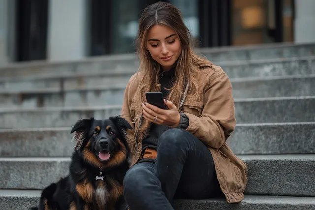 Woman sitting on stone steps petting fluffy dog while checking smartphone
