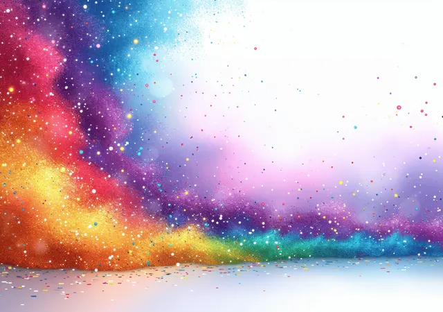 Rainbow bokeh sparkle frame overlays a soft pastel starry sky with glowing horizon and glitter dots.