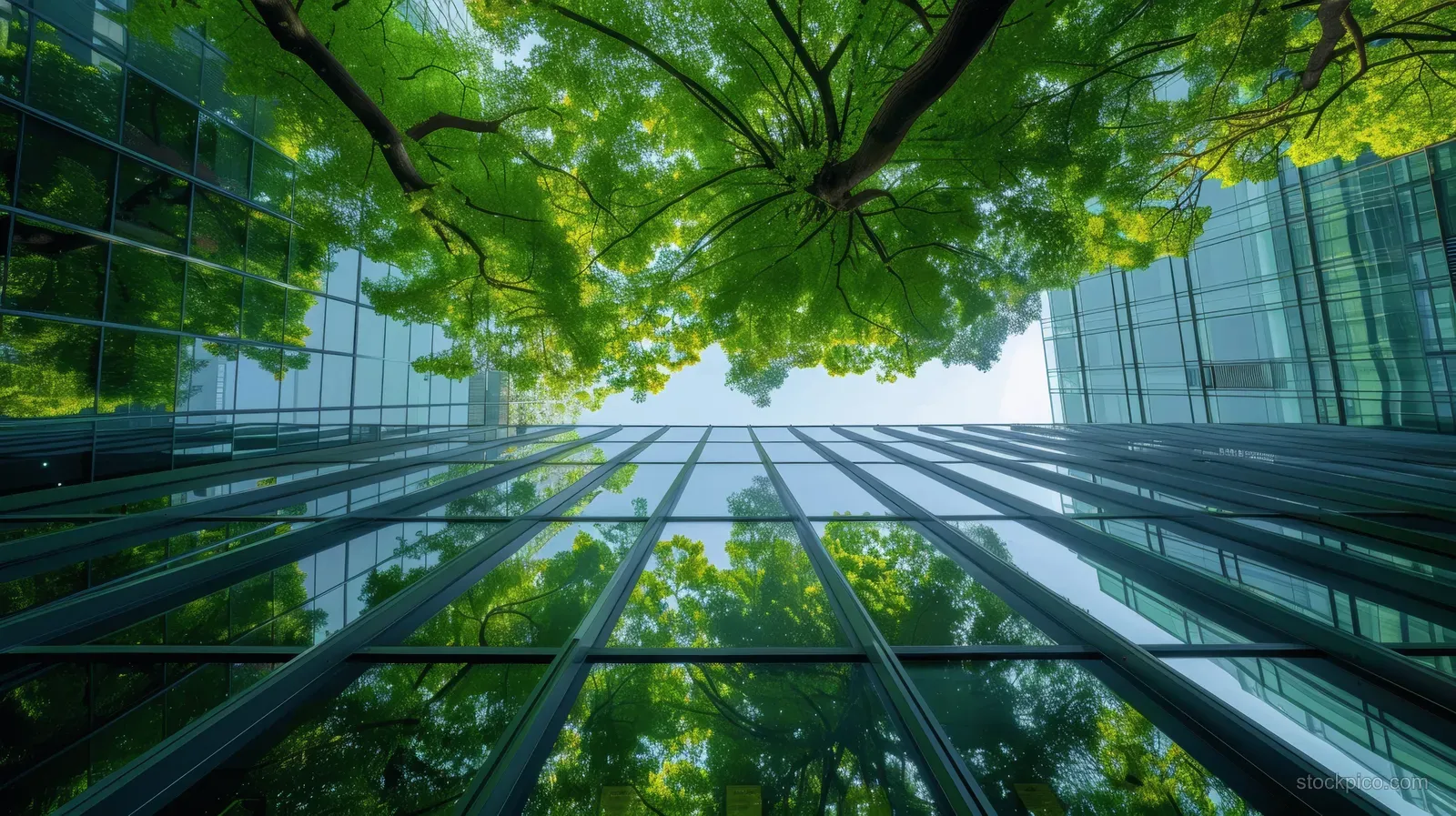 Upward view of a glass office building surrounded by green trees in a modern city.