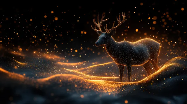 A black deer silhouette stands in mist as golden glowing particles swirl in wave shapes behind it.