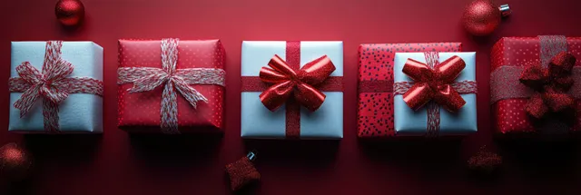 Symmetrically arranged red and white Christmas gift boxes with ribbon bows sit under soft lighting on a dark background.
