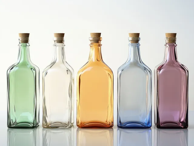 Five translucent colored glass bottles with cork stoppers arranged in a row on a reflective surface.