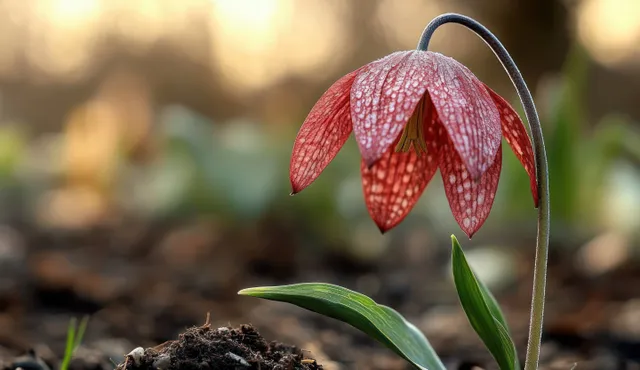 A single red and white checkered bell-shaped flower with green leaves on a curved stem against a sunset blurred background.