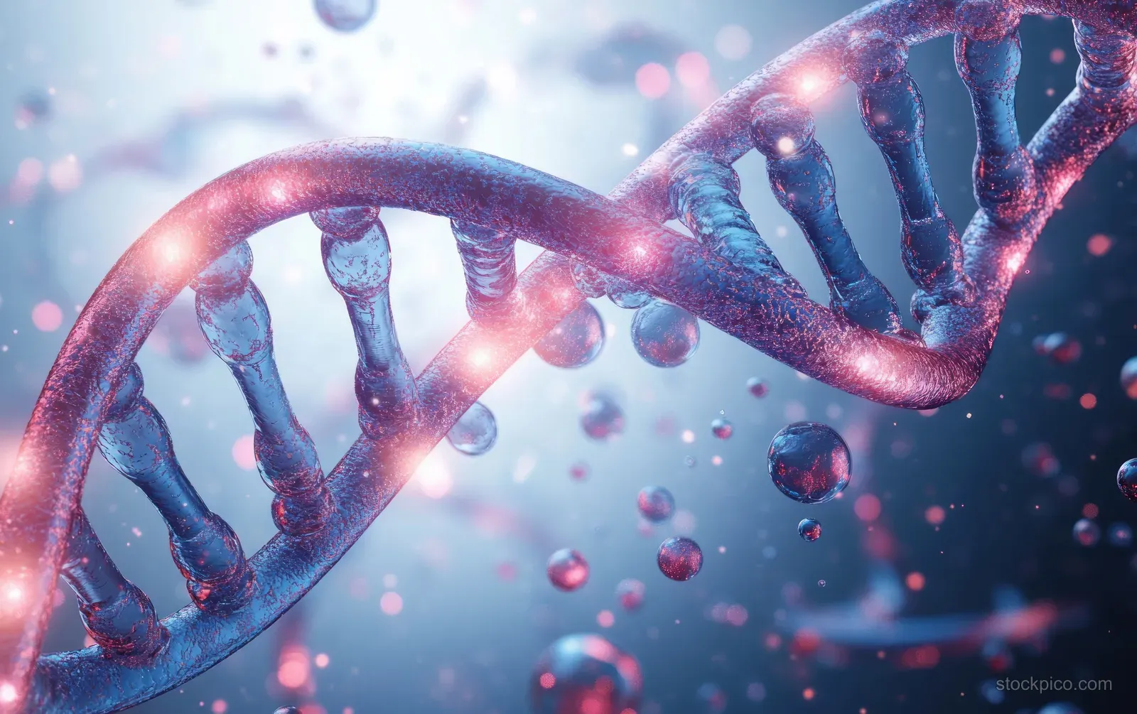 A glowing 3D DNA helix with colorful base pairs twists through floating particle bokeh in a molecular lab scene.