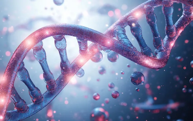 A glowing 3D DNA helix with colorful base pairs twists through floating particle bokeh in a molecular lab scene.