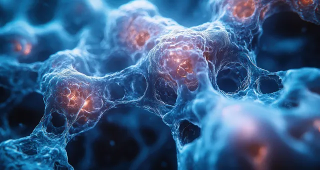 Hydrogen-like molecules swirl inside a glowing water structure with a deep blue gradient background.