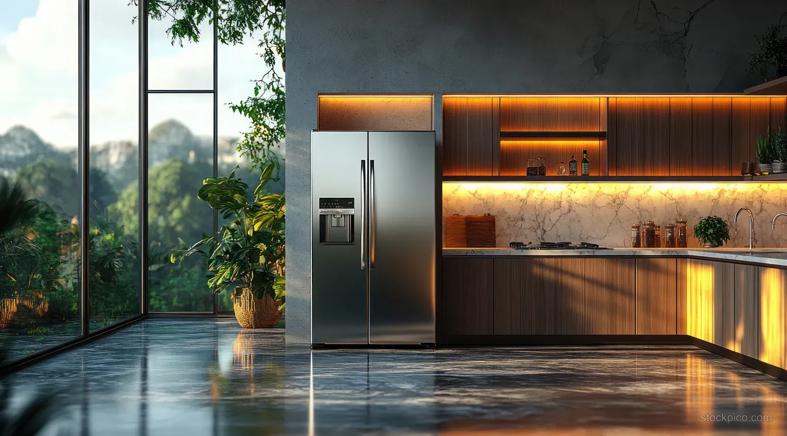A square blank white refrigerator magnet is positioned on a modern kitchen front surface.