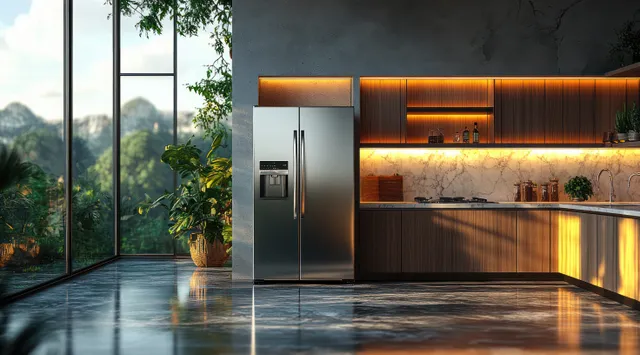 A square blank white refrigerator magnet is positioned on a modern kitchen front surface.