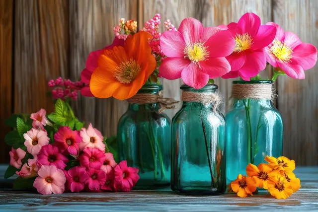 Bright autumn flowers bloom in teal green jars with acorns and berries on a wooden table.