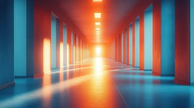 Long empty hallway with evenly spaced pillars where warm sunlight and cool blue shadows form a strong orange-blue light gradient.
