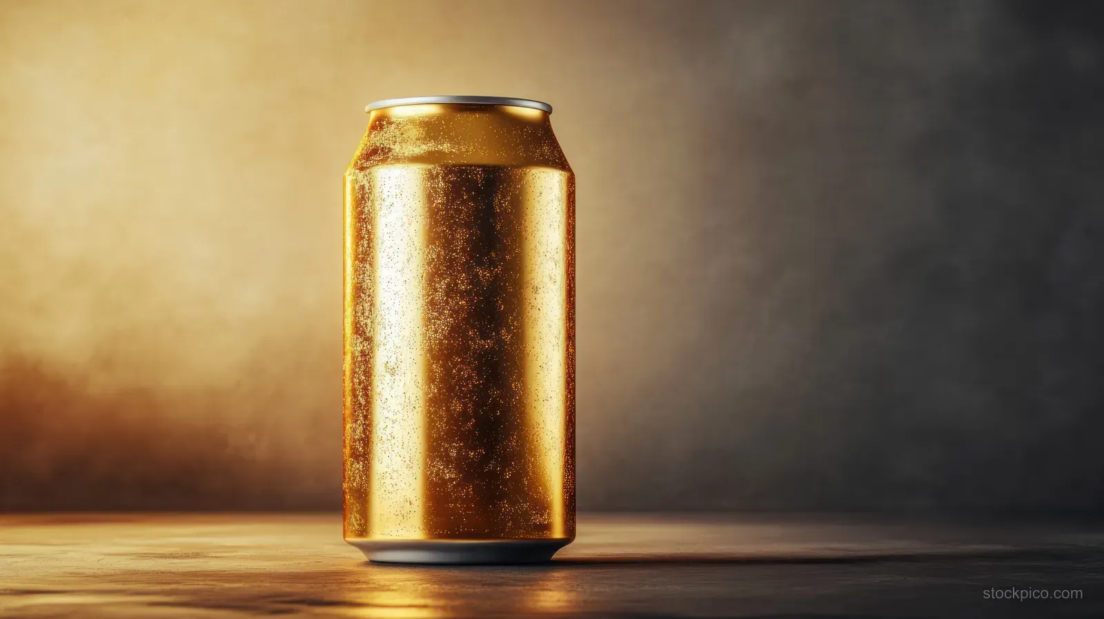 A golden cold beverage can with condensation droplets rests on a wooden surface under warm dark lighting.