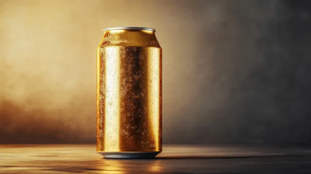 Golden cold beverage can sweating with condensation droplets on wooden surface