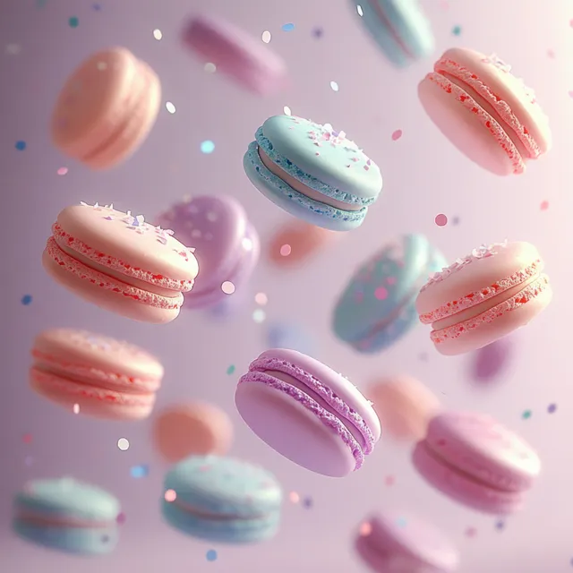 Pastel macarons floating among confetti under soft light with a blurred party background.