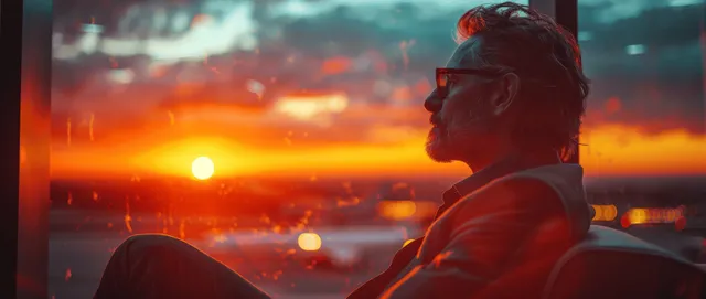 Businessman in a suit looking out of an airport lounge window at a sunset over the runway.
