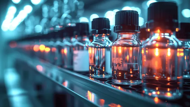 Glass vials with colored liquids sit on a laboratory shelf under bright blue light with blurred bokeh.