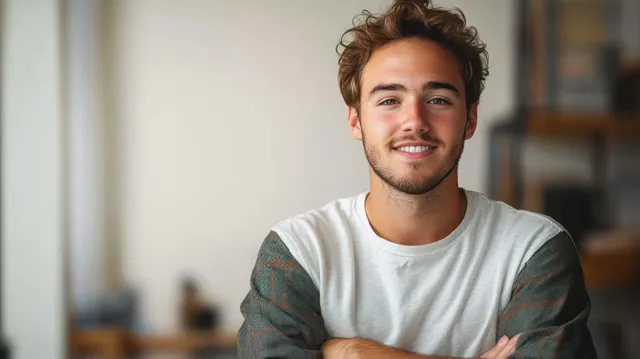 Cheerful young man smiling with arms crossed in a studio-style interior setting