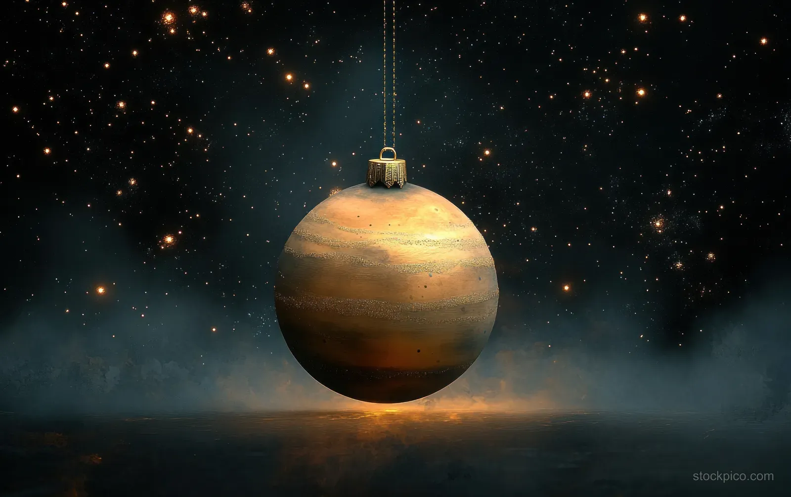 A Venus-shaped Christmas ornament floats against a starry night sky with a warm moonlit glow.