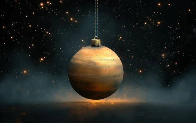 A Venus-shaped Christmas ornament floats against a starry night sky with a warm moonlit glow.