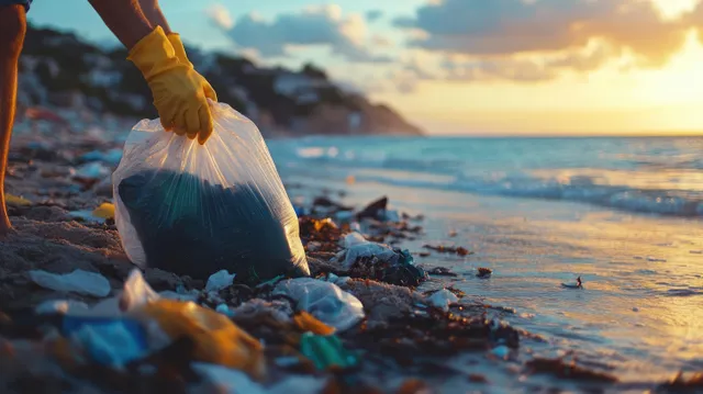 A volunteer in yellow gloves collects plastic trash from a polluted beach at sunset beside ocean waves.