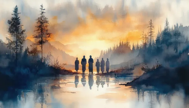 Silhouetted disciples walk beside a misty river at dawn with glowing reflections and pine trees in watercolor style.