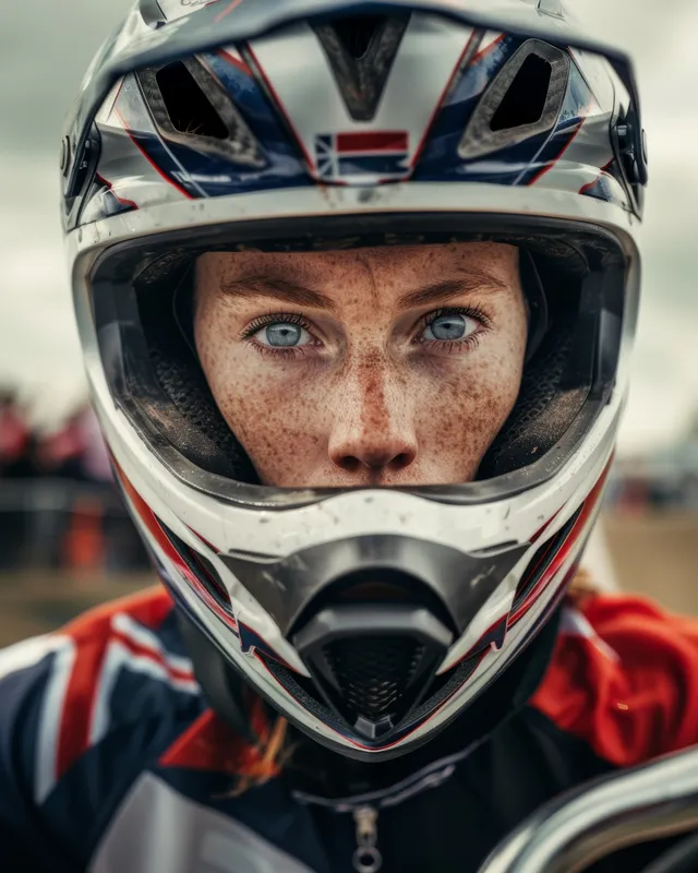 British female BMX racer in a helmet staring forward during an outdoor track race