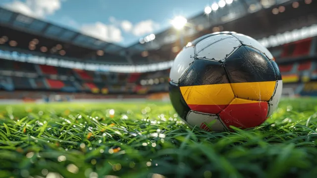 A soccer ball with the German flag sits on grass in a stadium.