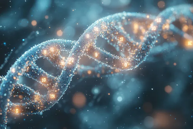 Glowing DNA helix surrounded by blue particles and small numeric code markers in a futuristic biotech scene.