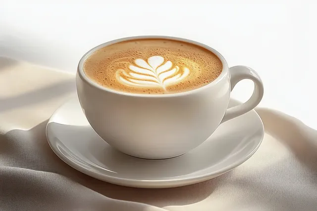 White latte cup with leaf latte art on a matching saucer resting on beige fabric in soft natural light.
