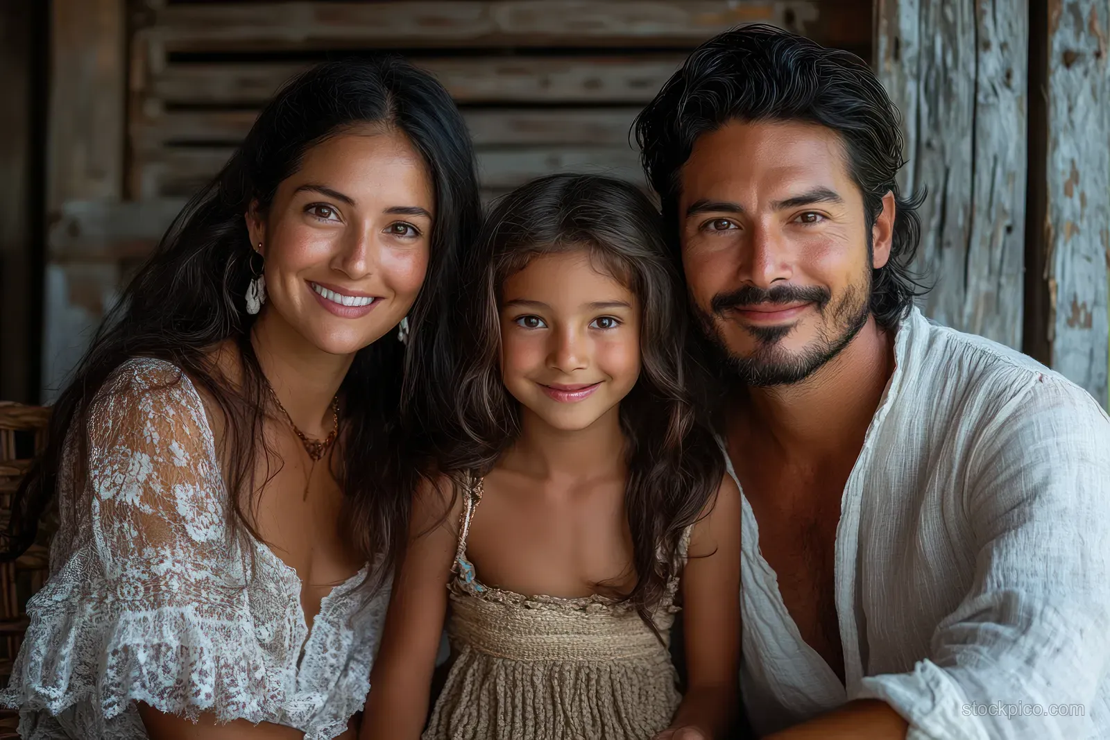 Smiling Indian parents and a child pose together indoors beside rustic wooden shutters and textured wall beams.
