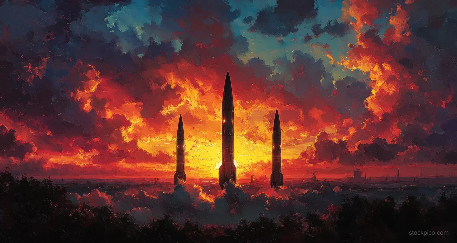 Missile launchers fire in silhouette against a vibrant sunset sky with billowing smoke and glowing trails.