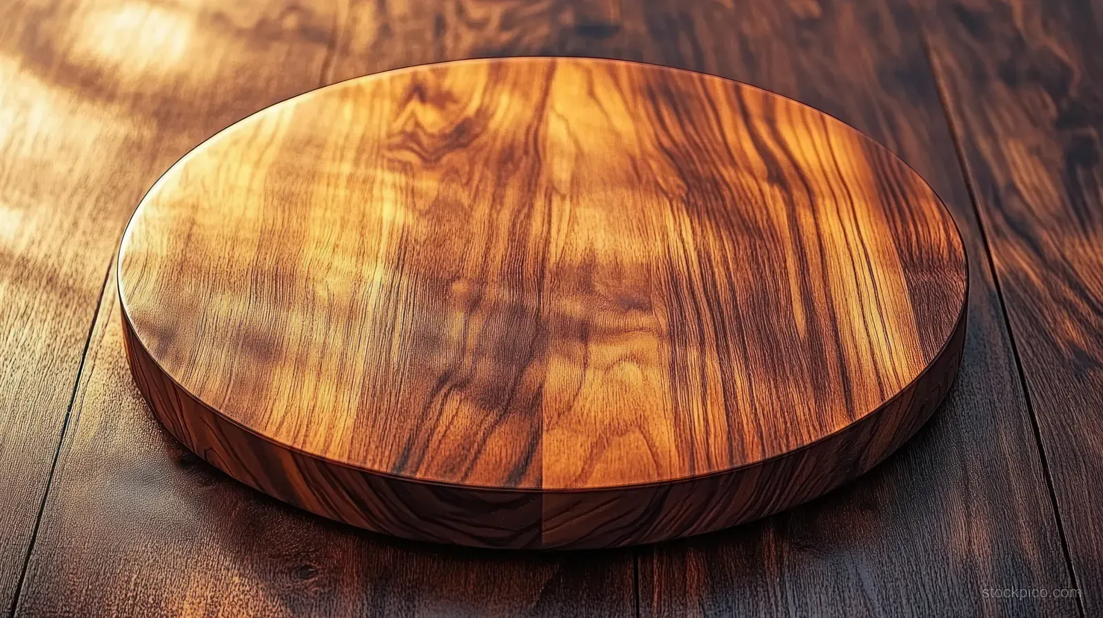 Round polished wooden cutting board with swirling grain on a wooden table, lit by warm sunlight.