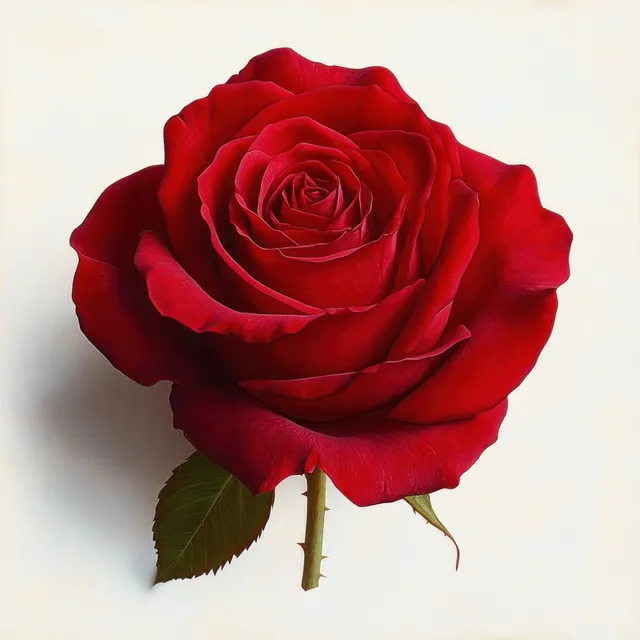 A close-up red rose with detailed petals and green leaves on a soft white background.