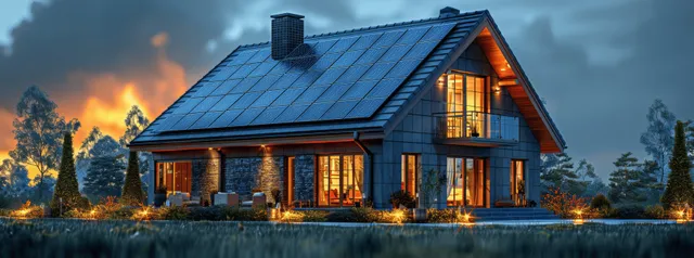 Smart home rooftop with solar panels and glowing energy dashboard visuals at dusk