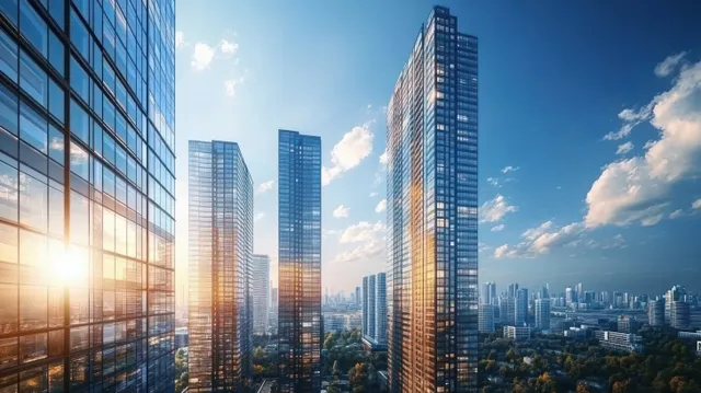 Aerial view of glass skyscrapers rising through blue sky with sharp reflective facades
