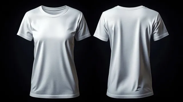 Front and back views of a plain white short-sleeve t-shirt on a black background showing smooth fabric texture.