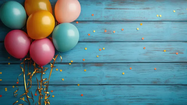 Colorful balloons tied with curly ribbons and confetti scattered on a rustic blue wooden background.