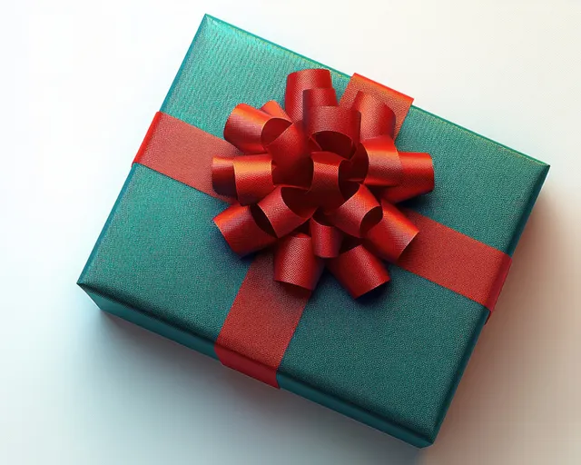 Square teal-wrapped gift box with a large red curled ribbon bow on a white background.