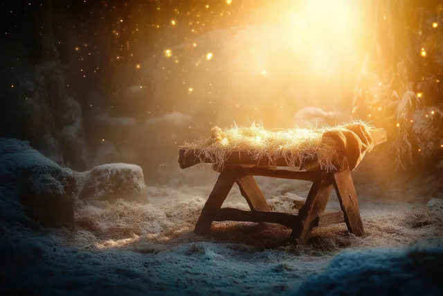 A wooden manger in a cave glows with holy light rays and soft bokeh sparkles around scattered straw.
