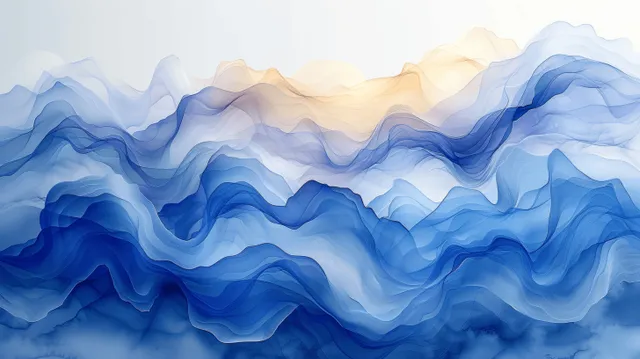 Abstract blue teal ocean waves watercolor texture with flowing ribbon-like layers