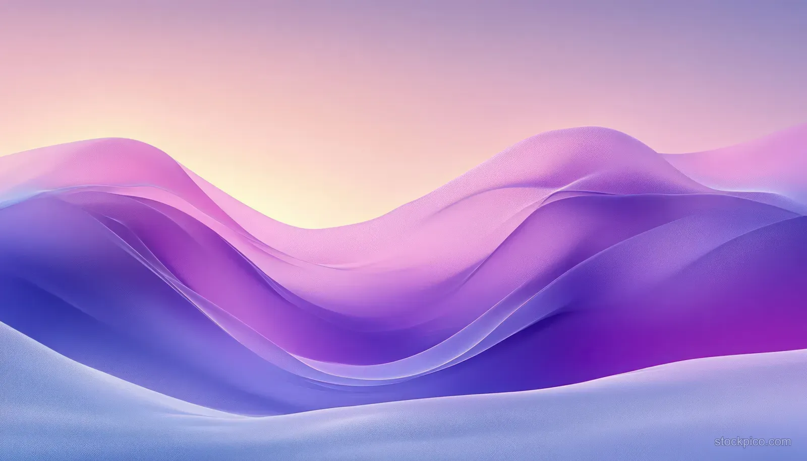 Pastel purple and blue layered wave hills form an abstract landscape background with smooth gradients and soft glow.