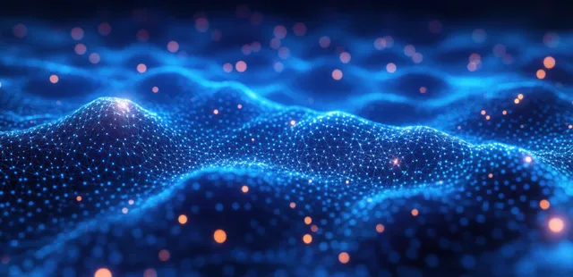 Glowing blue network mesh waves with orange particles forming a futuristic data landscape