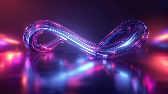 Neon infinity ribbon loops in midair over glossy reflective glass, purple-blue light trails