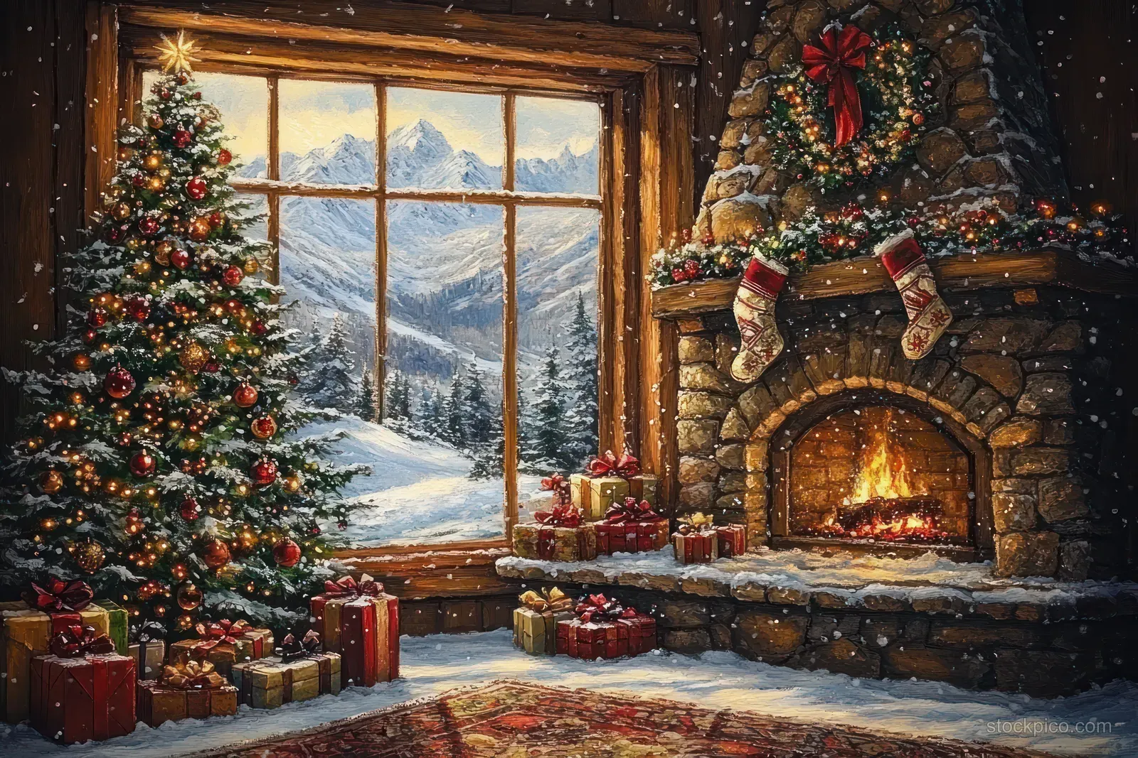 Cozy cabin interior with a glowing fireplace and decorated Christmas tree beside wrapped gifts, with snow mountains visible through a large window.