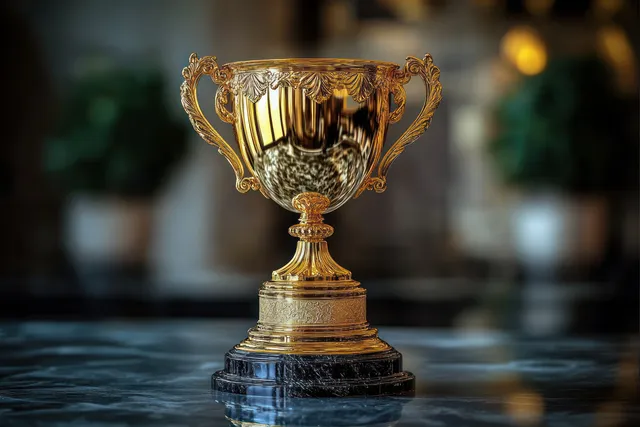 Ornate golden trophy cup on polished marble with soft indoor bokeh background