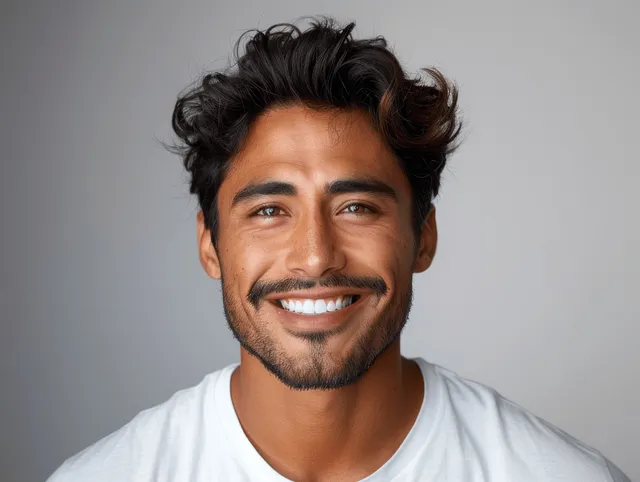 Smiling young man closeup portrait with trimmed beard on neutral studio background