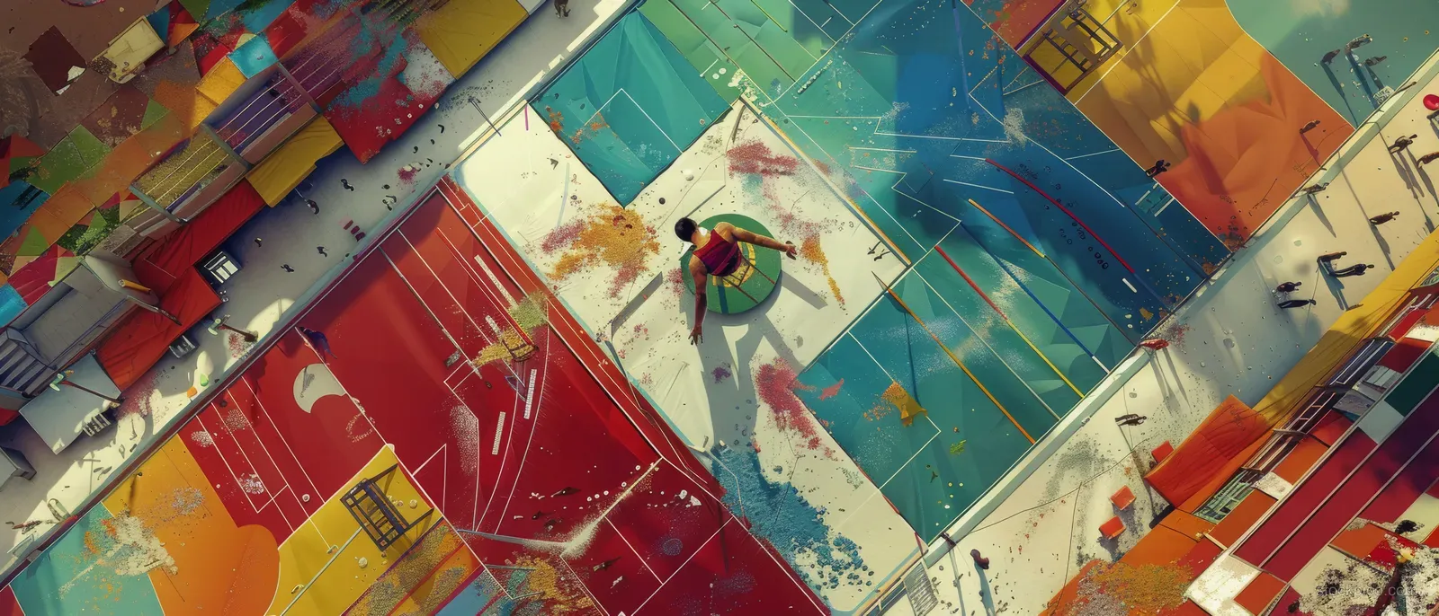 Aerial view of a male gymnast executing a floor routine on bright colored mats in a gymnasium.