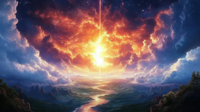 Celestial explosion over misty mountain valley with waterfall and glowing horizon
